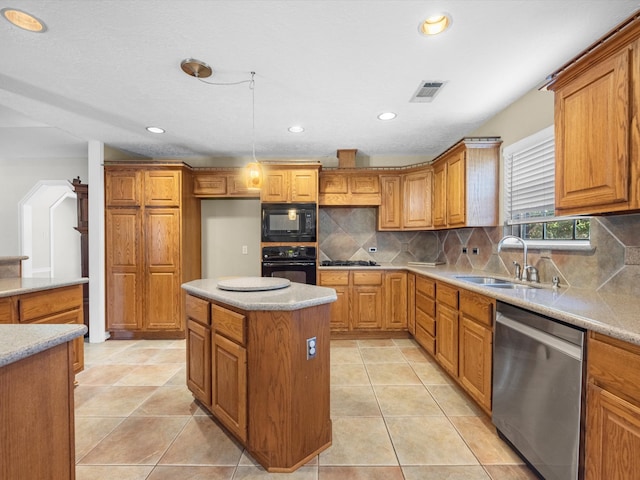 kitchen with decorative backsplash, sink, black appliances, hanging light fixtures, and light tile patterned flooring