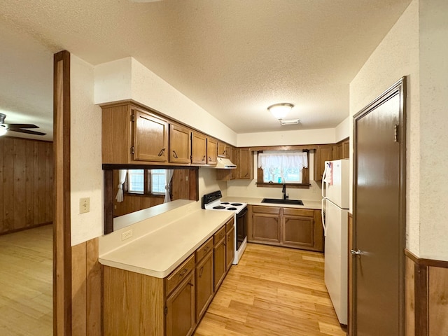 kitchen featuring wood walls, white appliances, sink, light hardwood / wood-style flooring, and a textured ceiling
