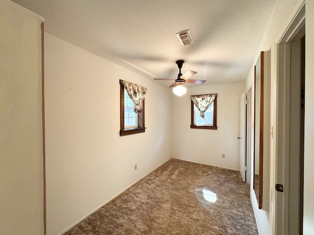 empty room featuring carpet flooring, ceiling fan, plenty of natural light, and a textured ceiling