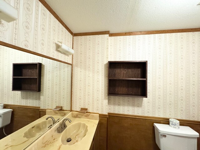 bathroom with toilet, vanity, a textured ceiling, and ornamental molding