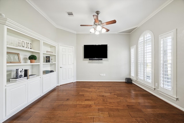 unfurnished room with ceiling fan, crown molding, and dark wood-type flooring