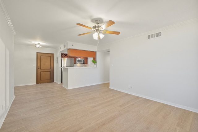 unfurnished living room featuring light hardwood / wood-style flooring, ceiling fan, and ornamental molding