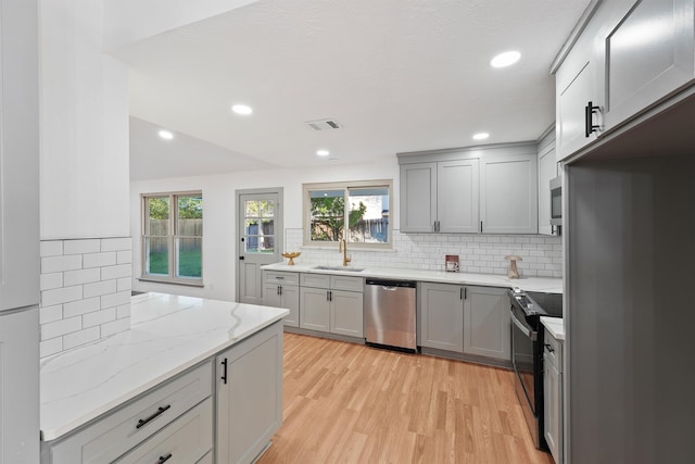 kitchen with plenty of natural light, light hardwood / wood-style floors, sink, and stainless steel appliances