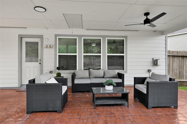 view of patio / terrace featuring ceiling fan and an outdoor hangout area