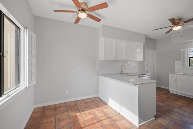 kitchen featuring dishwasher, white cabinets, sink, ceiling fan, and kitchen peninsula