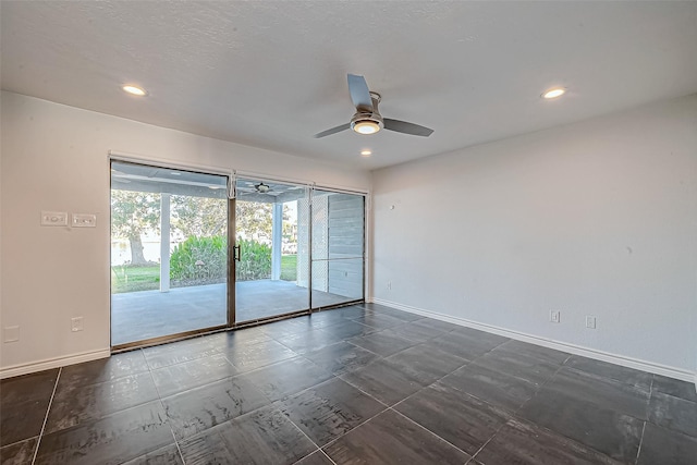 unfurnished room with recessed lighting, a ceiling fan, and baseboards