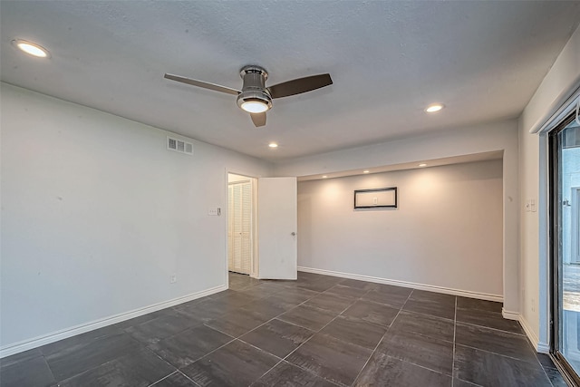 unfurnished room with recessed lighting, visible vents, baseboards, and ceiling fan