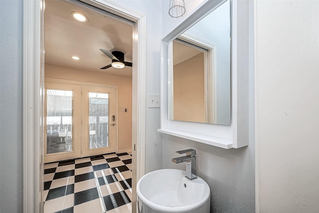 bathroom with tile patterned floors, recessed lighting, a ceiling fan, and a sink