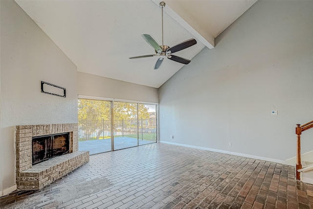 unfurnished living room featuring a ceiling fan, baseboards, high vaulted ceiling, brick floor, and beamed ceiling