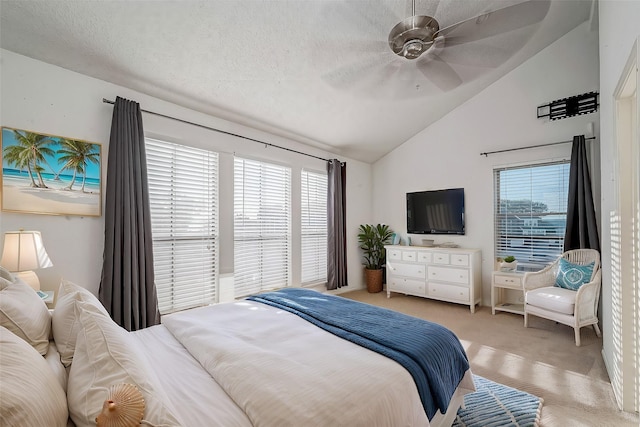 bedroom with multiple windows, a textured ceiling, light colored carpet, and lofted ceiling