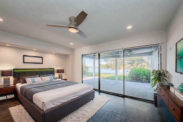 bedroom with recessed lighting, a ceiling fan, and access to outside