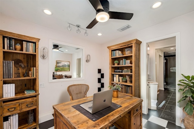 office area with visible vents, recessed lighting, baseboards, and a ceiling fan