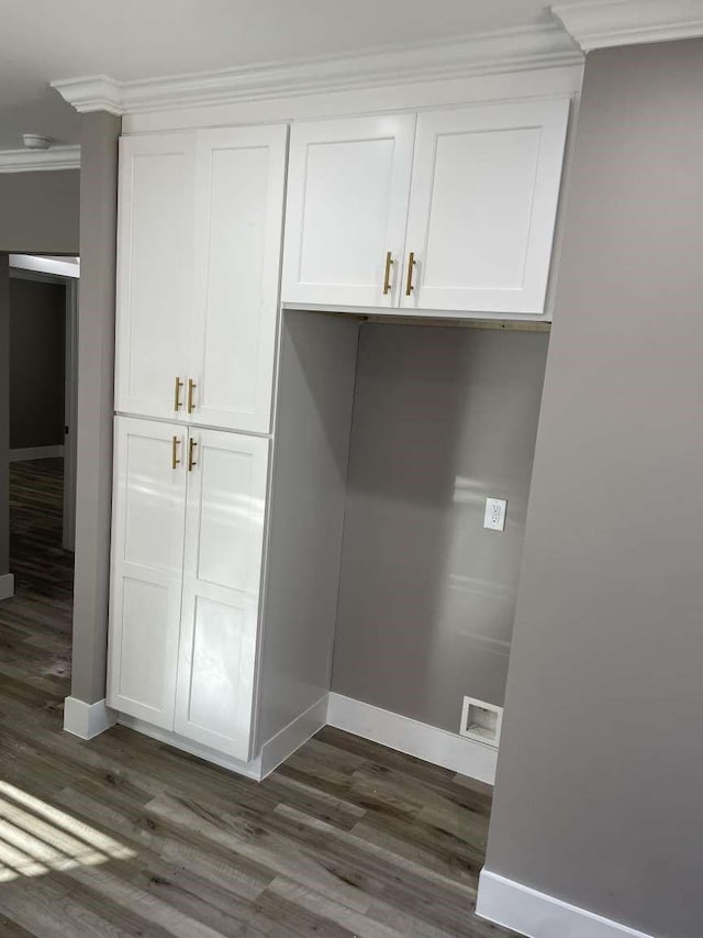 interior space with dark hardwood / wood-style flooring and crown molding