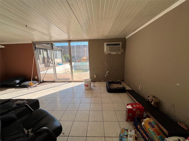 living room featuring a wall mounted air conditioner, light tile patterned floors, ornamental molding, and wooden ceiling