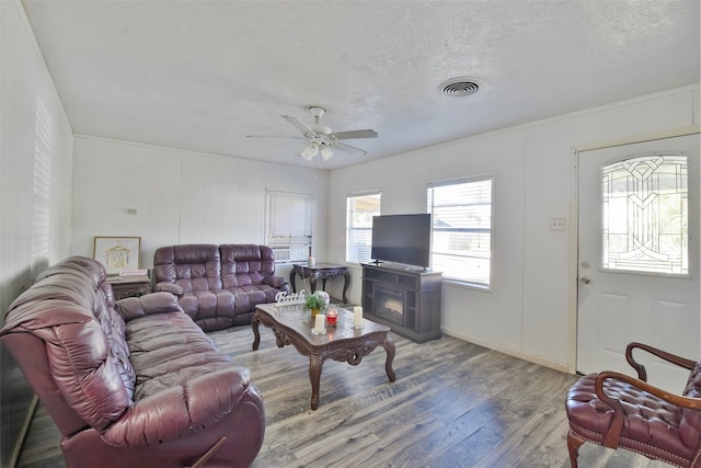 living room featuring hardwood / wood-style floors, a textured ceiling, ceiling fan, and crown molding