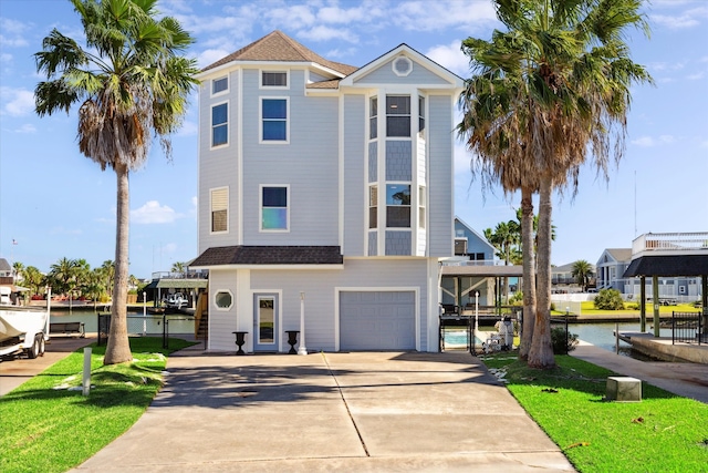 view of property featuring a garage and a water view