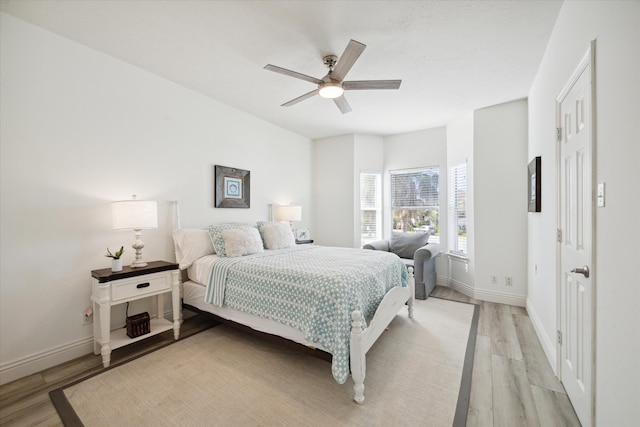 bedroom featuring ceiling fan and light wood-type flooring