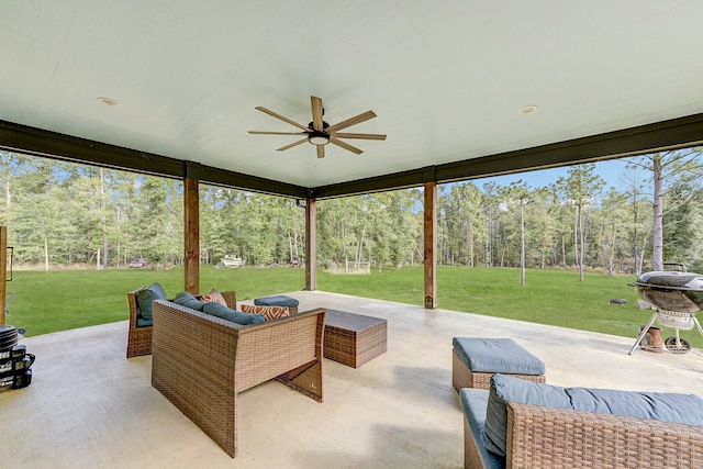 view of patio / terrace with a grill, ceiling fan, and an outdoor hangout area