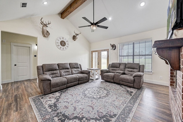 living room with beamed ceiling, dark hardwood / wood-style floors, ceiling fan, and french doors