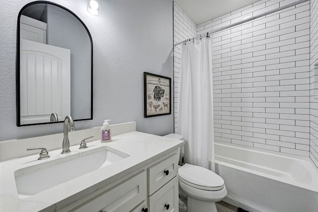 full bathroom featuring vanity, toilet, and shower / bathtub combination with curtain