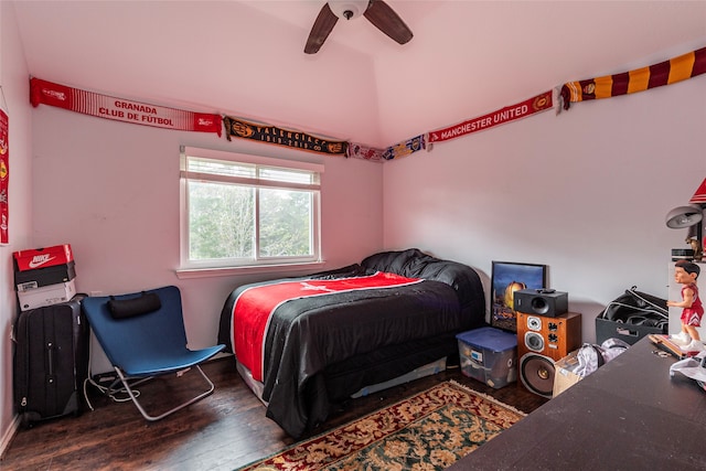 bedroom featuring ceiling fan and dark hardwood / wood-style flooring