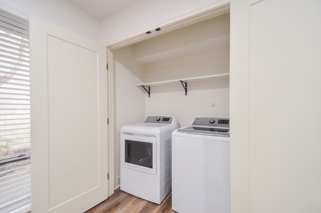 laundry area with light wood-type flooring and washing machine and clothes dryer