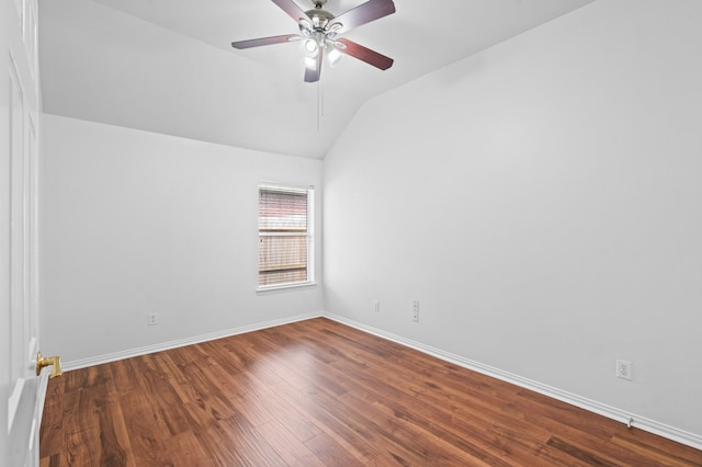 spare room featuring ceiling fan, hardwood / wood-style floors, and lofted ceiling