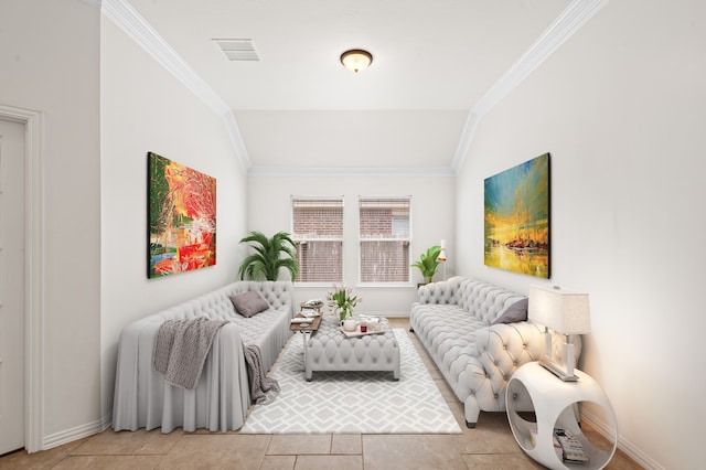 living room with lofted ceiling, crown molding, and light tile patterned floors