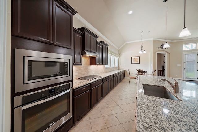 kitchen with sink, a healthy amount of sunlight, lofted ceiling, and appliances with stainless steel finishes