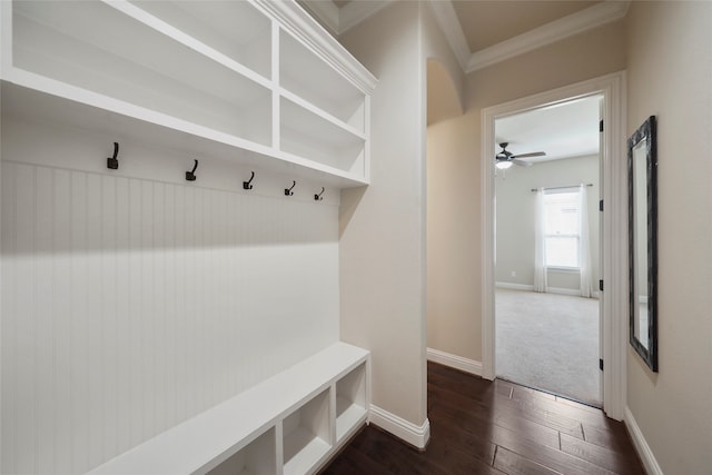 mudroom with ceiling fan and dark wood-type flooring