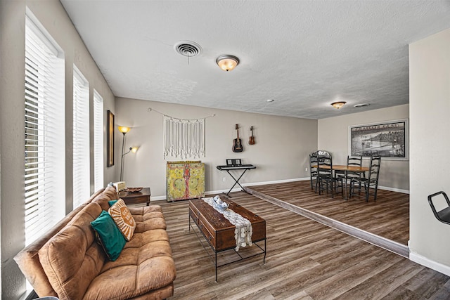 living room with hardwood / wood-style flooring, plenty of natural light, and a textured ceiling