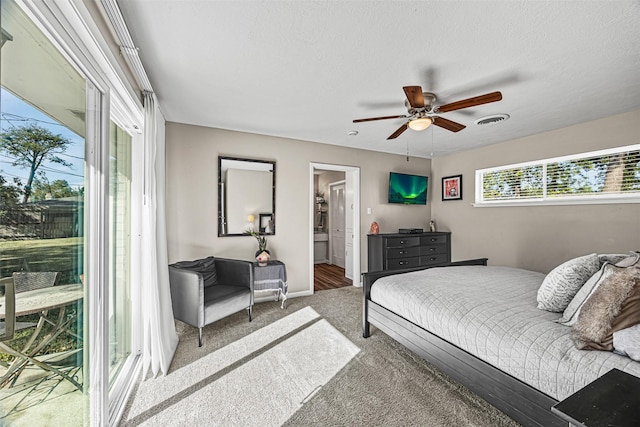 carpeted bedroom featuring a walk in closet, ceiling fan, a closet, and a textured ceiling