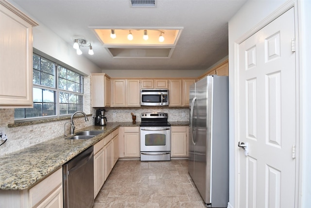 kitchen with light stone countertops, light brown cabinetry, stainless steel appliances, and sink