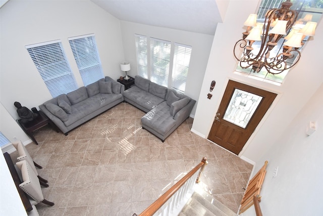 living room with an inviting chandelier