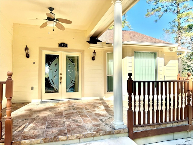 113 Cottonwood Rd, Trinity, TX 75862 - property entrance with french doors, ceiling fan, and a shingled roof