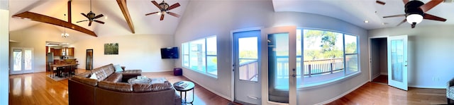 113 Cottonwood Rd, Trinity, TX 75862 - living room featuring lofted ceiling, a ceiling fan, and wood finished floors