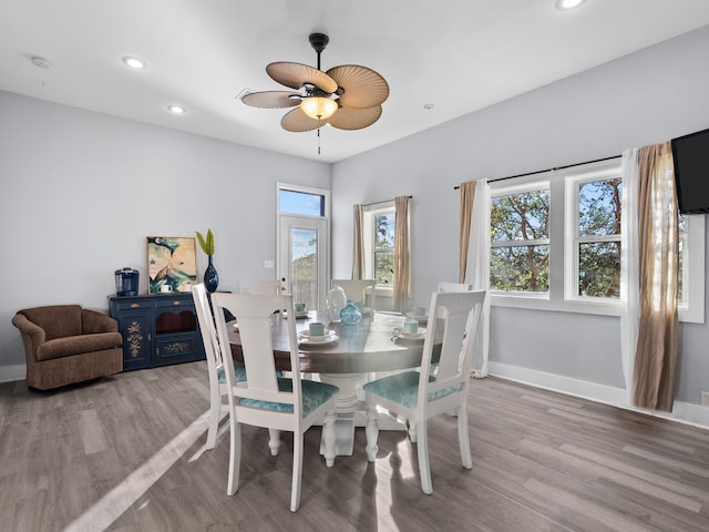 dining room with light hardwood / wood-style flooring and ceiling fan