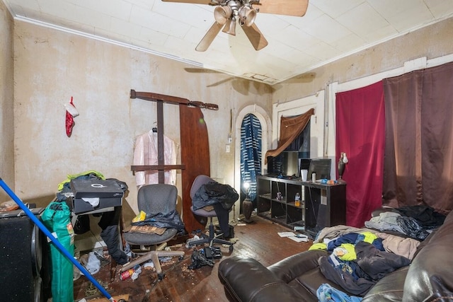 miscellaneous room with hardwood / wood-style floors, ceiling fan, and crown molding