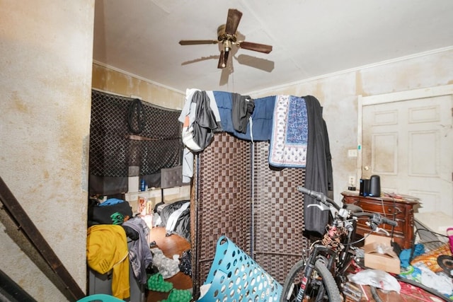 miscellaneous room with crown molding and ceiling fan