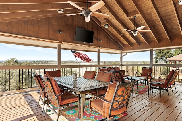 1464 Lakeside Dr W, Canyon Lake, TX 78133 - unfurnished sunroom with vaulted ceiling with beams, ceiling fan, and wood ceiling