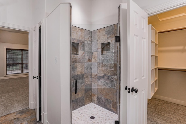 bathroom featuring a shower with shower door