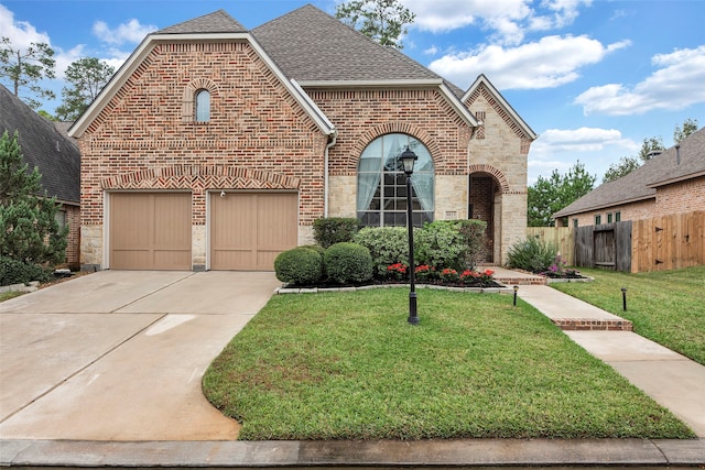 view of front of house with a garage and a front lawn