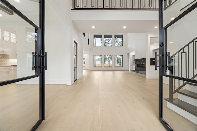 foyer featuring a towering ceiling and light hardwood / wood-style flooring