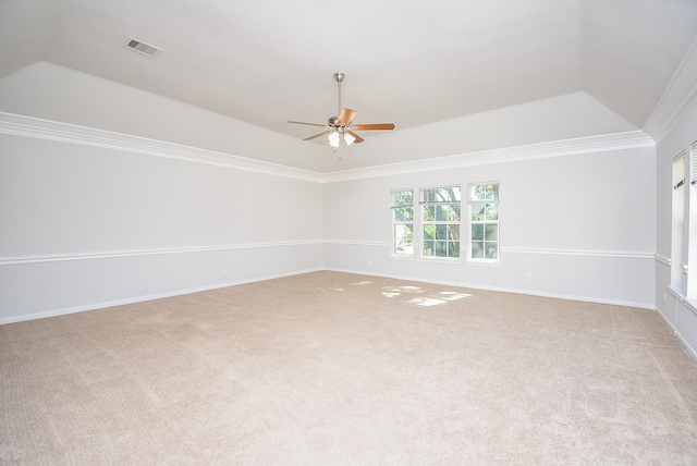 spare room featuring light carpet, a tray ceiling, and crown molding