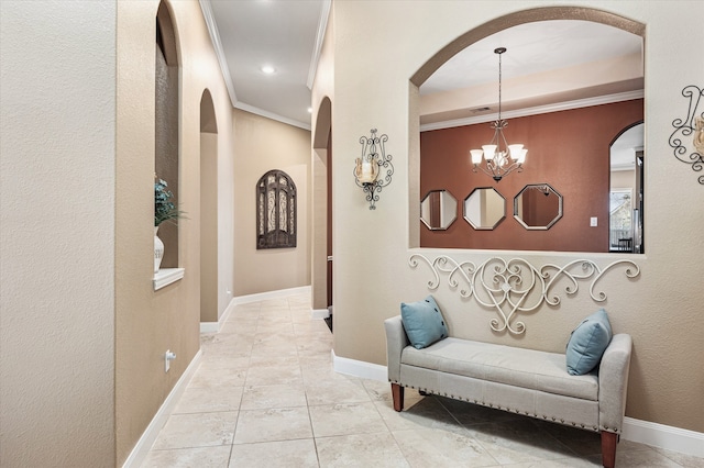 corridor with light tile patterned flooring, ornamental molding, and a chandelier