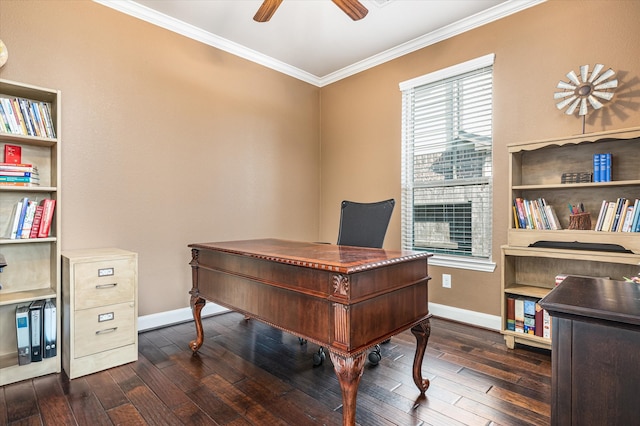 office with dark hardwood / wood-style floors, ceiling fan, and ornamental molding