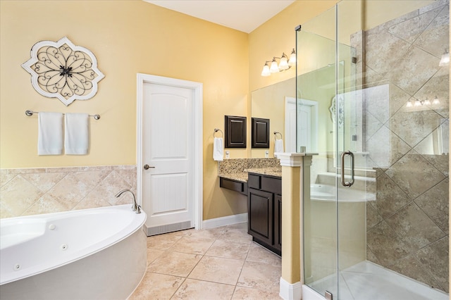 bathroom with vanity, separate shower and tub, and tile patterned floors