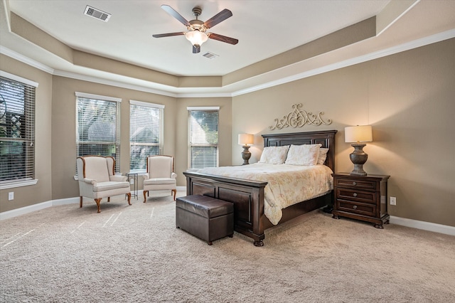 carpeted bedroom with a raised ceiling, multiple windows, and ceiling fan