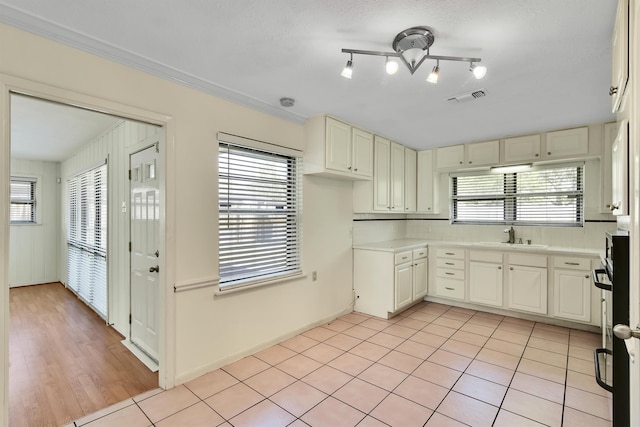 kitchen featuring a textured ceiling, light wood-type flooring, sink, and ornamental molding