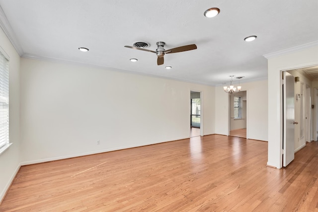 unfurnished room with ceiling fan with notable chandelier, light hardwood / wood-style flooring, and ornamental molding